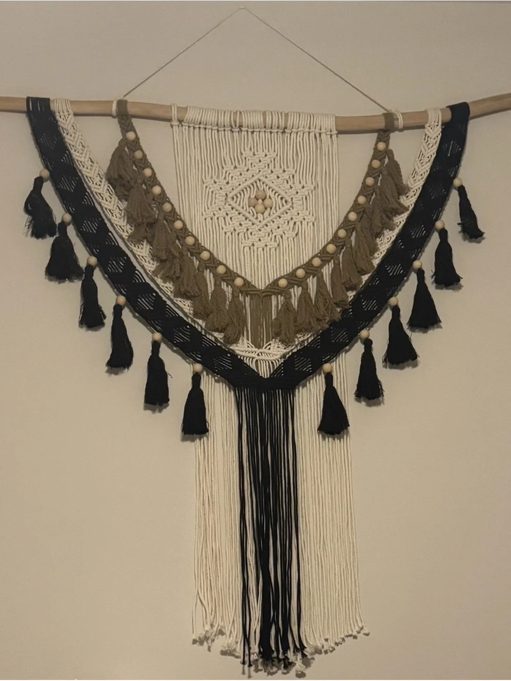 Boho Tassel Macramé Wall Hanging in Cream, Black & Brown